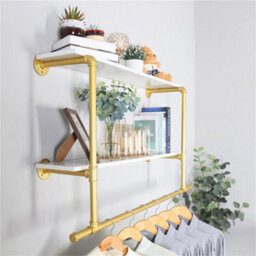 Golden-Extra Long Garment Rack Wall Hanging Rail Rod Shelves - thumbnail 6