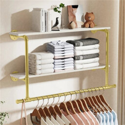 Golden-Extra Long Garment Rack Wall Hanging Rail Rod Shelves - thumbnail 5
