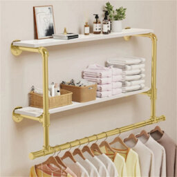 Golden-Extra Long Garment Rack Wall Hanging Rail Rod Shelves