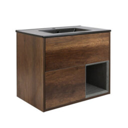 Homestylestore Dark Oak 812mm Wall Hung Bathroom Vanity Unit Led Lit Open Shelf And Graphite Basin