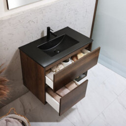 Homestylestore Dark Oak 812mm Wall Hung Bathroom Vanity Unit Led Lit Open Shelf And Graphite Basin - thumbnail 2