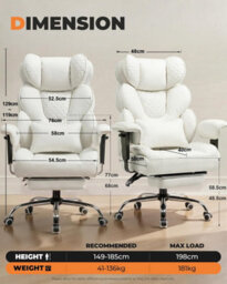 Comhoma Ergonomic Office Chair, Gaming Chair With Footrest, High Executive Chair With Spring Lumbar Support, Pu Leather, White - thumbnail 3