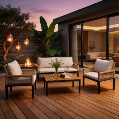 Fenchilin Garden Lounge Set Double Sofa 2 Airchairs With Table Rattan And Metal Frame Beige - image 1