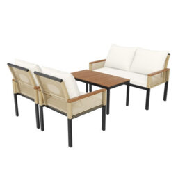 Fenchilin Garden Lounge Set Double Sofa 2 Airchairs With Table Rattan And Metal Frame Beige - thumbnail 6