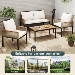 Fenchilin Garden Lounge Set Double Sofa 2 Airchairs With Table Rattan And Metal Frame Beige - thumbnail 4