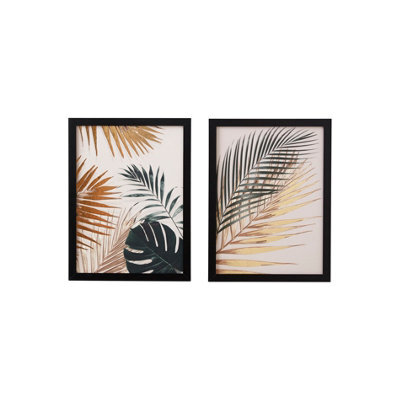Green & Gold Foil Leaf Black & Gold Framed Print (H)40Cm X (W)30Cm, Pair Of 2 - image 1