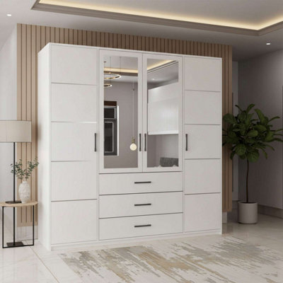 M N Furniture Ltd Bruno Modern 4-Door Wardrobe With Mirror With 3 Storage Drawers, Spacious Design - White W200Cm X H200Cm - image 1