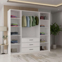 M N Furniture Ltd Bruno Modern 4-Door Wardrobe With Mirror With 3 Storage Drawers, Spacious Design - White W200Cm X H200Cm - thumbnail 4