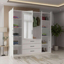 M N Furniture Ltd Bruno Modern 4-Door Wardrobe With Mirror With 3 Storage Drawers, Spacious Design - White W200Cm X H200Cm - thumbnail 3