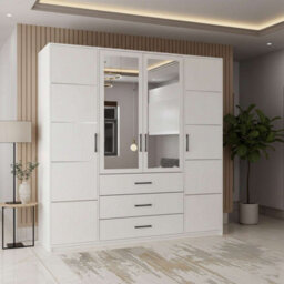 M N Furniture Ltd Bruno Modern 4-Door Wardrobe With Mirror With 3 Storage Drawers, Spacious Design - White W200Cm X H200Cm - thumbnail 1