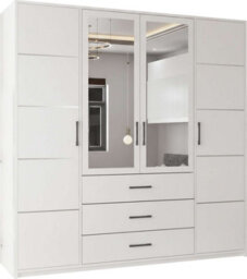 M N Furniture Ltd Bruno Modern 4-Door Wardrobe With Mirror With 3 Storage Drawers, Spacious Design - White W200Cm X H200Cm - thumbnail 2