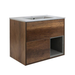 Homestylestore Dark Oak 812mm Wall Hung Bathroom Vanity Unit Open Shelf And Pebble Basin