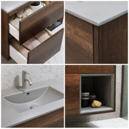 Homestylestore Dark Oak 812mm Wall Hung Bathroom Vanity Unit Open Shelf And Pebble Basin - thumbnail 2