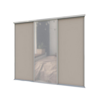 A-Class Sliding Doors Set Of 3 Stone Grey & Mirror Sliding Wardrobe Door Kit, Silver Frame & Tracks, Opening Height (H) 225-226Cm & Width (W) 223-224Cm - image 1