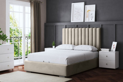 DS Living Evangeline Cream Upholstered Panel Bed With Headboard And Ottoman Storage King - image 1