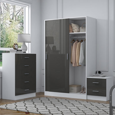 Reflect 2 Door Sliding Wardrobe, 5 Drawer Chest, 2 Drawer Bedside - Grey Gloss & Matt White - Modern Bedroom Furniture Set - image 1