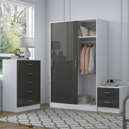 Reflect 2 Door Sliding Wardrobe, 5 Drawer Chest, 2 Drawer Bedside - Grey Gloss & Matt White - Modern Bedroom Furniture Set - thumbnail 1