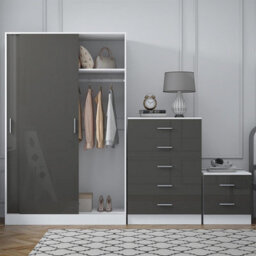 Reflect 2 Door Sliding Wardrobe, 5 Drawer Chest, 2 Drawer Bedside - Grey Gloss & Matt White - Modern Bedroom Furniture Set - thumbnail 4