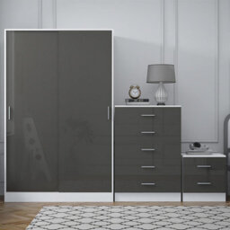 Reflect 2 Door Sliding Wardrobe, 5 Drawer Chest, 2 Drawer Bedside - Grey Gloss & Matt White - Modern Bedroom Furniture Set - thumbnail 3