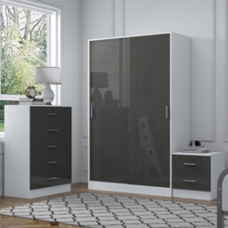 Reflect 2 Door Sliding Wardrobe, 5 Drawer Chest, 2 Drawer Bedside - Grey Gloss & Matt White - Modern Bedroom Furniture Set - thumbnail 2