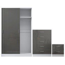 Reflect 2 Door Sliding Wardrobe, 5 Drawer Chest, 2 Drawer Bedside - Grey Gloss & Matt White - Modern Bedroom Furniture Set - thumbnail 7