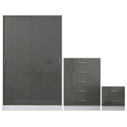 Reflect 2 Door Sliding Wardrobe, 5 Drawer Chest, 2 Drawer Bedside - Grey Gloss & Matt White - Modern Bedroom Furniture Set - thumbnail 6