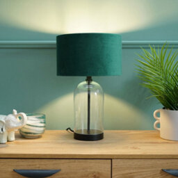 Valuelights Jessy Glass And Black Metal Bedside Table Lamp With A Forest Green Velvet Lampshade - thumbnail 3