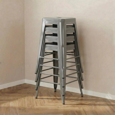 4X Silver Gloss Bar Stools Galvanised Steel Foot Rest Pre Assembled - image 1
