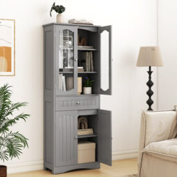 Costway Tall Bathroom Cabinet Freestanding Kitchen Pantry Cupboard 60 X 160 Cm-Grey