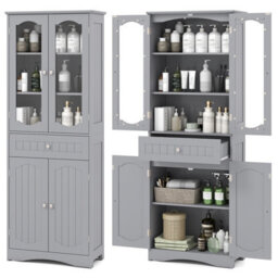 Costway Tall Bathroom Cabinet Freestanding Kitchen Pantry Cupboard 60 X 160 Cm-Grey - thumbnail 2