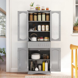 Costway Tall Bathroom Cabinet Freestanding Kitchen Pantry Cupboard 60 X 160 Cm-Grey - thumbnail 5