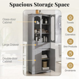Costway Tall Bathroom Cabinet Freestanding Kitchen Pantry Cupboard 60 X 160 Cm-Grey - thumbnail 6
