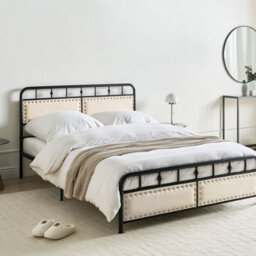 Wyld And Coco Industrial Chic Double Bed Black - Metal Frame, Slatted Support, Fabric Headboard (4Ft6) - thumbnail 2