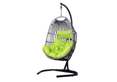 Sh&g Hanging Egg Chair - Basket Chair, Stand & Cushion Set - Grey Rattan & Steel With Lime Green Cushion - image 1