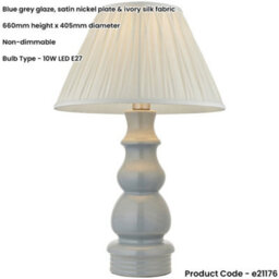 Loops Blue Grey Glaze & Satin Nickel Plate Table Lamp - Ivory Silk Fabric - 660mm Tall Light - thumbnail 2