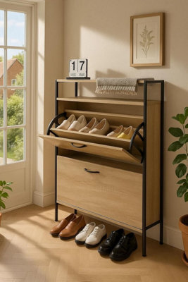 Celino Shoe Cabinet With 2 Drawers, Pull Down Mdf Wooden Shoe Storage Shelves Organizer Cupboard Shoes Rack Cabinet Freestanding - image 1