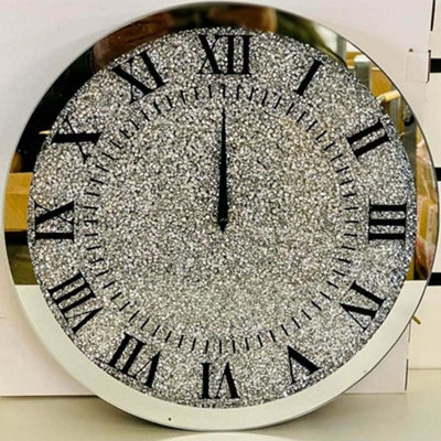 Biznest With Glass Top Round Crushed Jewel Crystal Wall Clock Roman Number Glass Diamante Mirror Round Clock (35X35Cm)