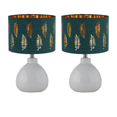 First Choice Lighting Set Of 2 Tuscan White Ceramic Lamps With Dark Green Fern Shade - image 1