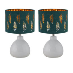 First Choice Lighting Set Of 2 Tuscan White Ceramic Lamps With Dark Green Fern Shade - thumbnail 1