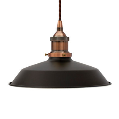 Matt Black Small Trinity Metal Painted Dome Pendant Light With Antique Copper Lamp Holder And Brown Twisted Cable - Se Home - image 1