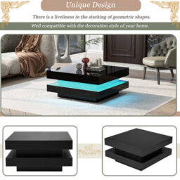 Abrihome Black Square High Gloss Coffee Table With Rotating Top, Tea Table With 16Olor Led Light, 70X70X36 Cm - thumbnail 3