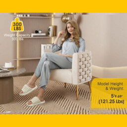 Seynar Beige Velvet Tufted Barrel Accent Chair, Woven Upholstery With Wide Bucket Seat - thumbnail 3
