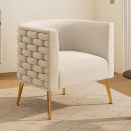 Seynar Beige Velvet Tufted Barrel Accent Chair, Woven Upholstery With Wide Bucket Seat - thumbnail 1