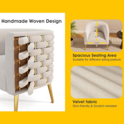 Seynar Beige Velvet Tufted Barrel Accent Chair, Woven Upholstery With Wide Bucket Seat - thumbnail 6