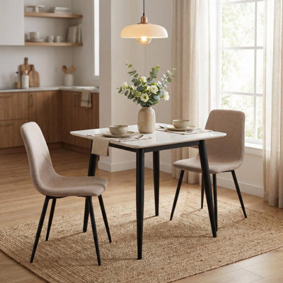 Fwstyle 3 Piece Cream Marble Effect Stone Square Dining Table & Light Brown Chairs Set - image 1