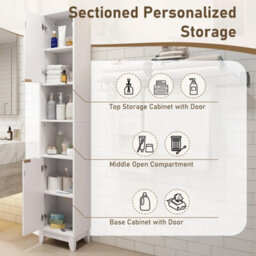 White Wooden Tall Bathroom Cabinet 2 Door Open Shelves Storage Unit - thumbnail 5