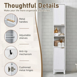 White Wooden Tall Bathroom Cabinet 2 Door Open Shelves Storage Unit - thumbnail 4