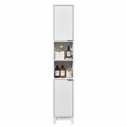 White Wooden Tall Bathroom Cabinet 2 Door Open Shelves Storage Unit - thumbnail 1