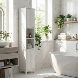 White Wooden Tall Bathroom Cabinet 2 Door Open Shelves Storage Unit - thumbnail 3