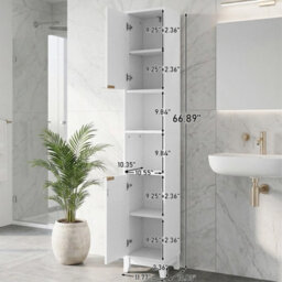 White Wooden Tall Bathroom Cabinet 2 Door Open Shelves Storage Unit - thumbnail 2